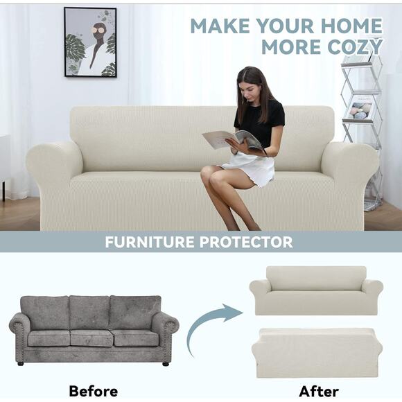 Stretch Sofa Slipcovers 1 Piece Couch Covers 3 Cushion with Elastic Large Ivory - Picture 3 of 6